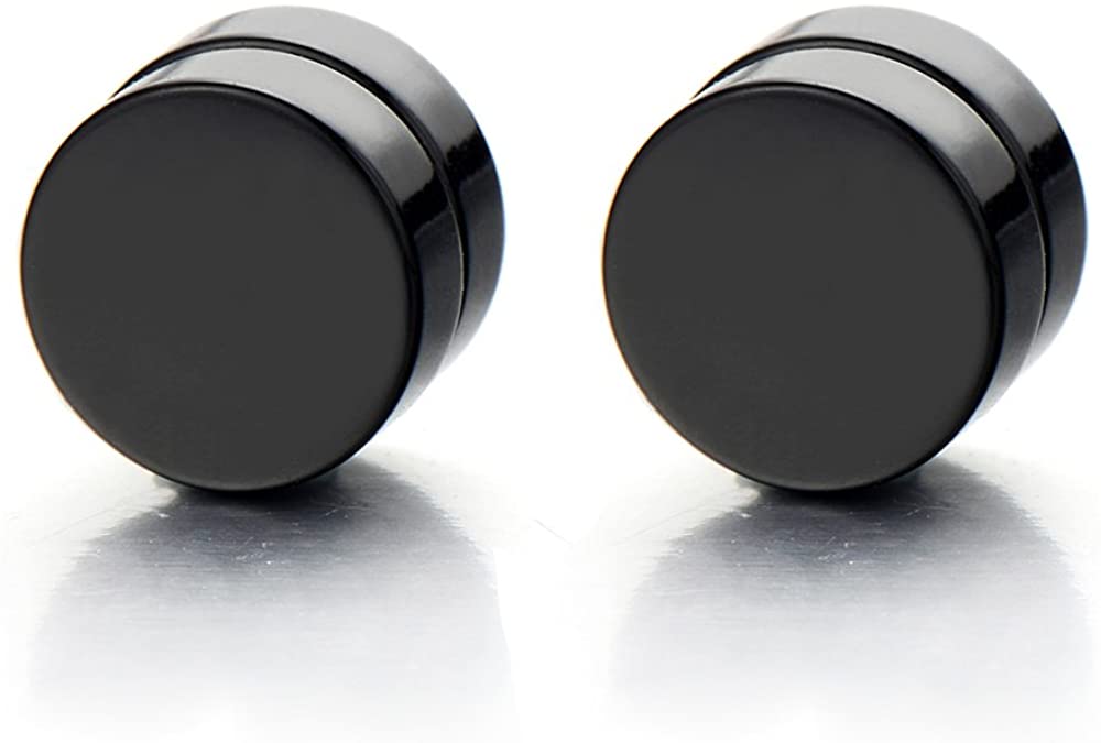 2pcs Magnetic Black Circle Stud Earrings for Men Women, Non-Piercing Clip On Cheater Fake Ear Gauges