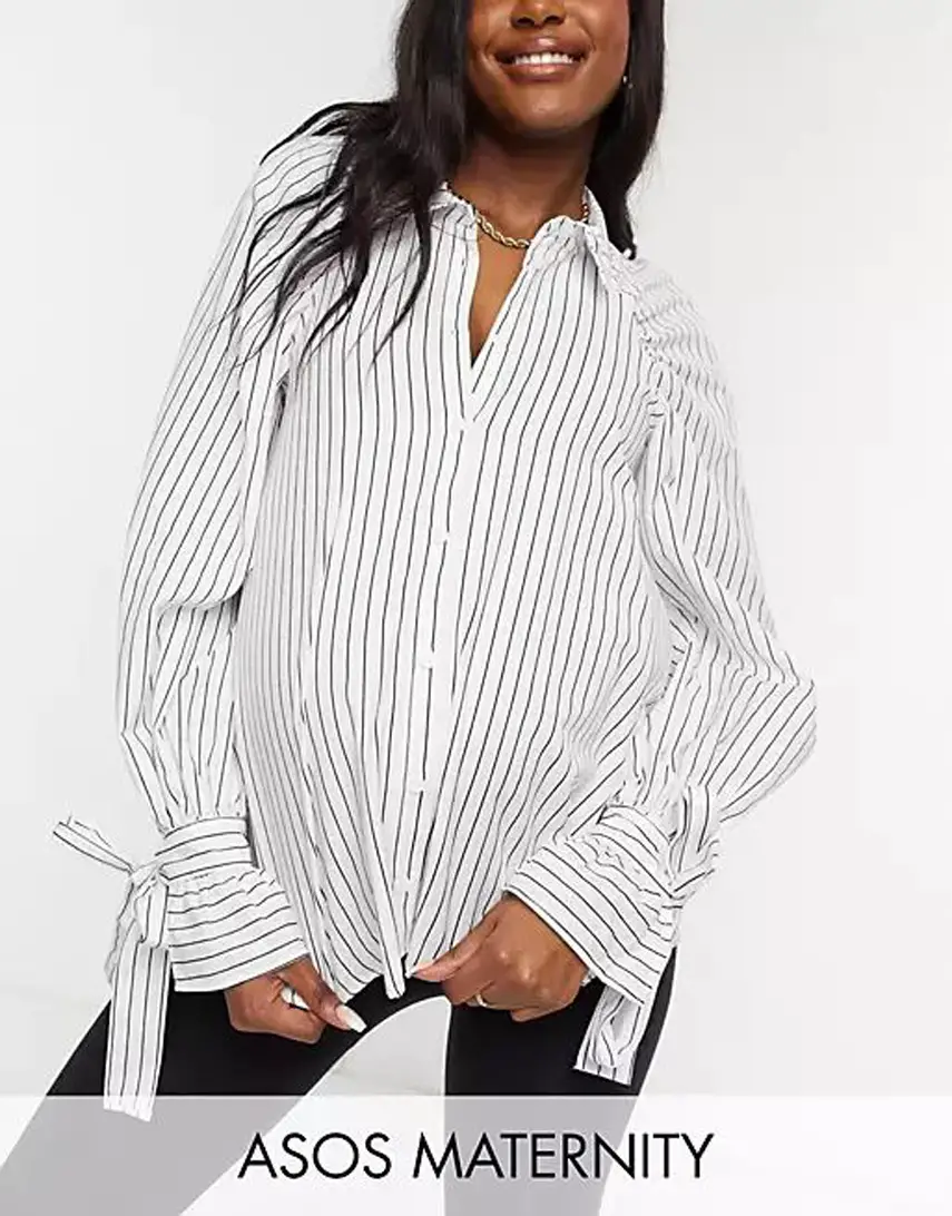 ASOS DESIGN Maternity dad shirt in mono stripe with tie cuffs