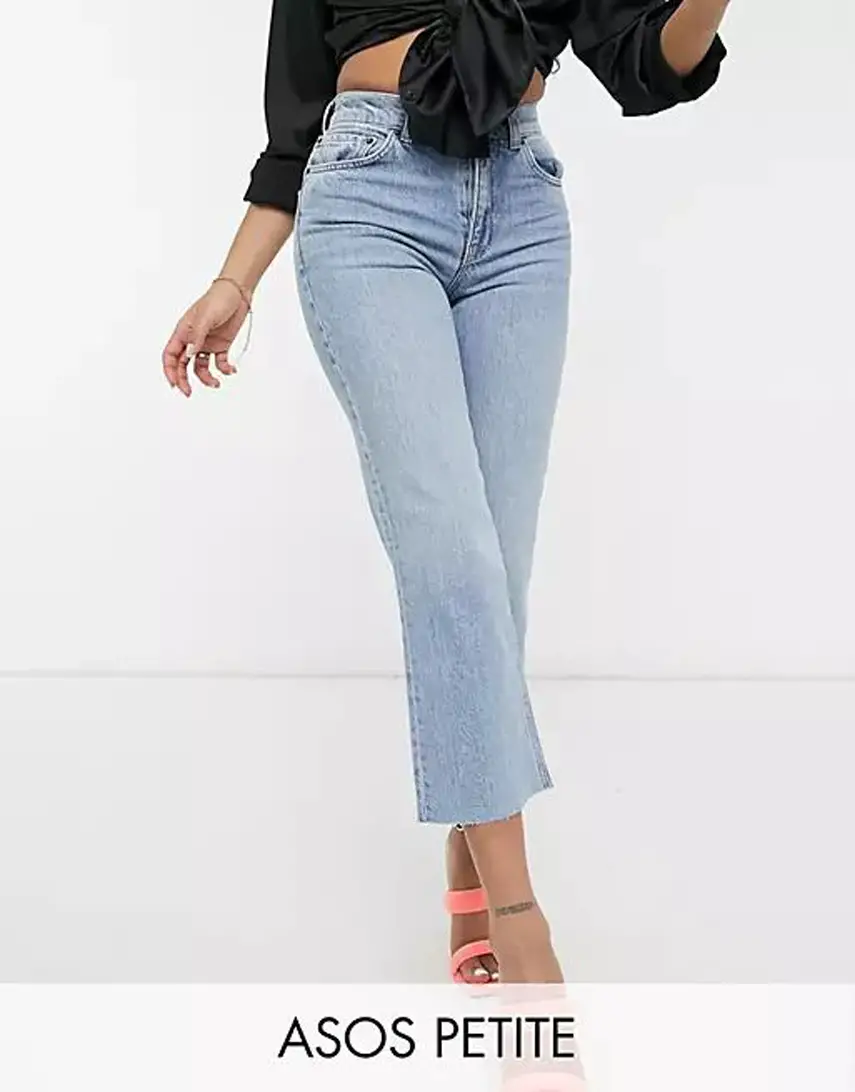 ASOS DESIGN Petite high rise stretch 'effortless' crop kick flare jeans in lightwash