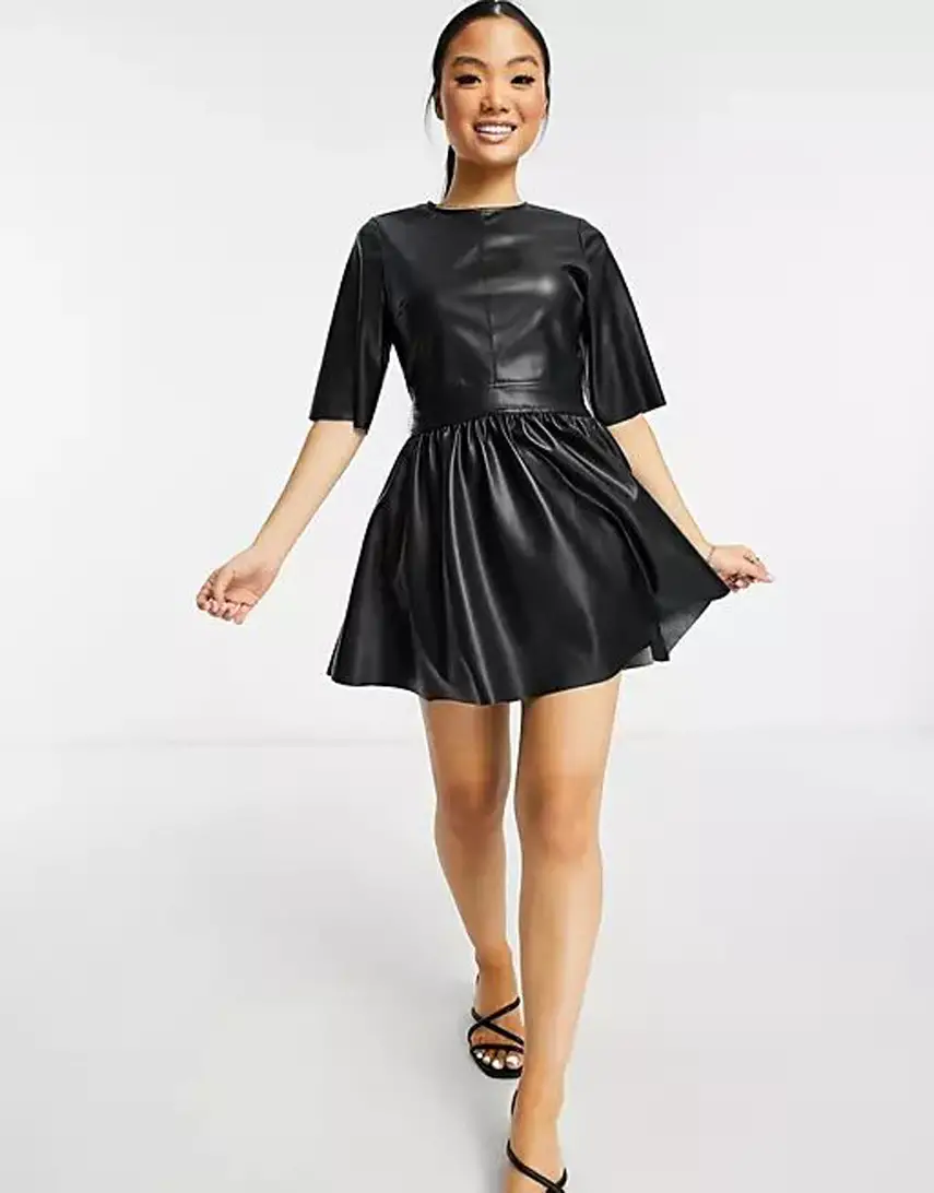 ASOS DESIGN Petite leather look t-shirt mini skater dress in black