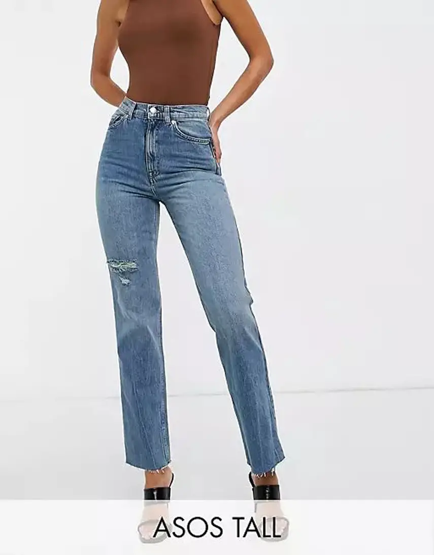 ASOS DESIGN Tall high rise stretch 'effortless' crop kick flare jeans in midwash with thigh rip
