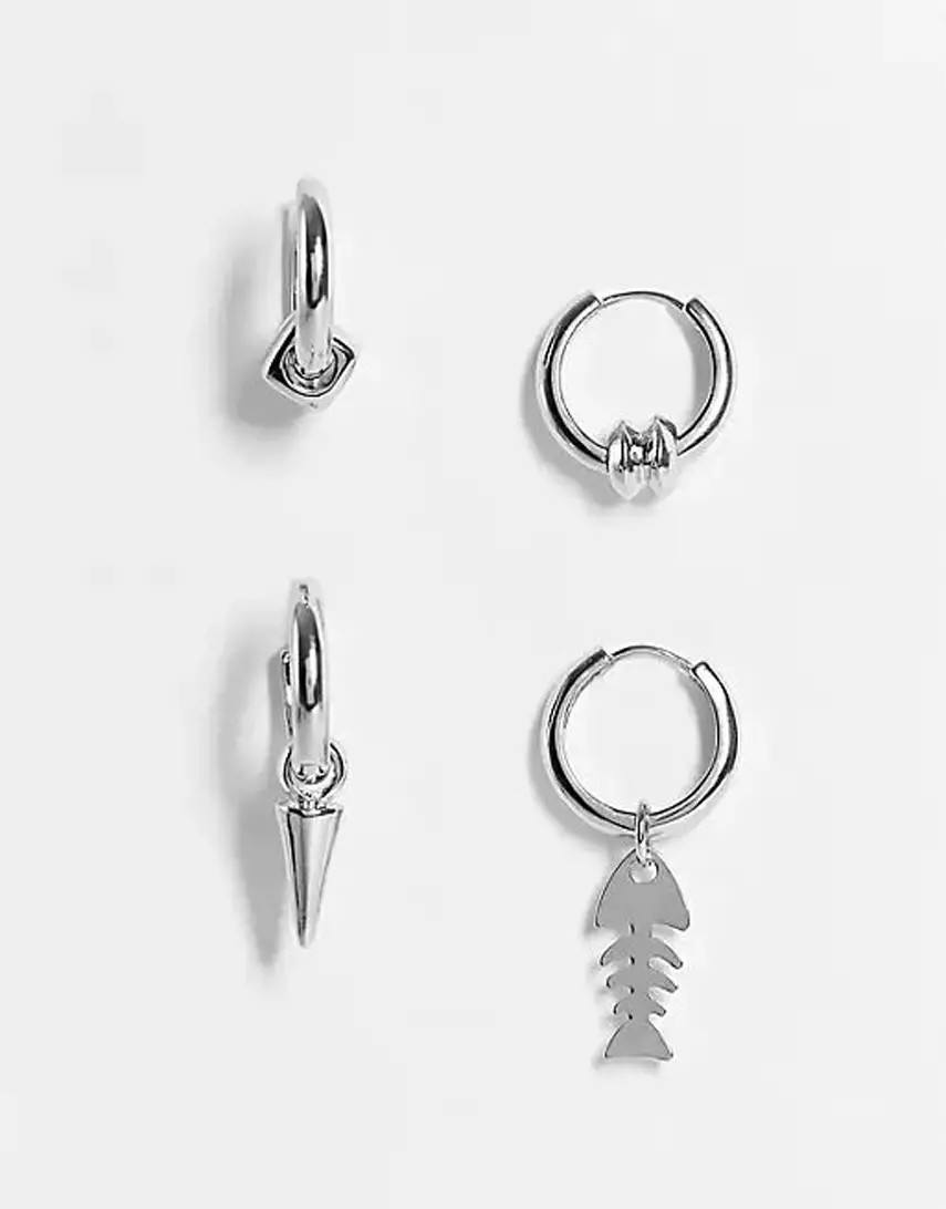 ASOS DESIGN hoop earring pack with utility design in silver tone