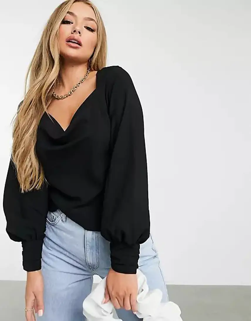 ASOS DESIGN long sleeve cowl neck top in black