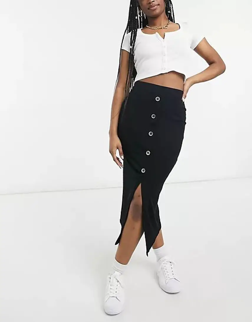 ASOS DESIGN rib midi skirt with horn buttons in black