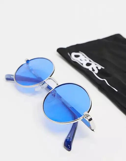 ASOS DESIGN round sunglasses in silver with blue lens and frame detail