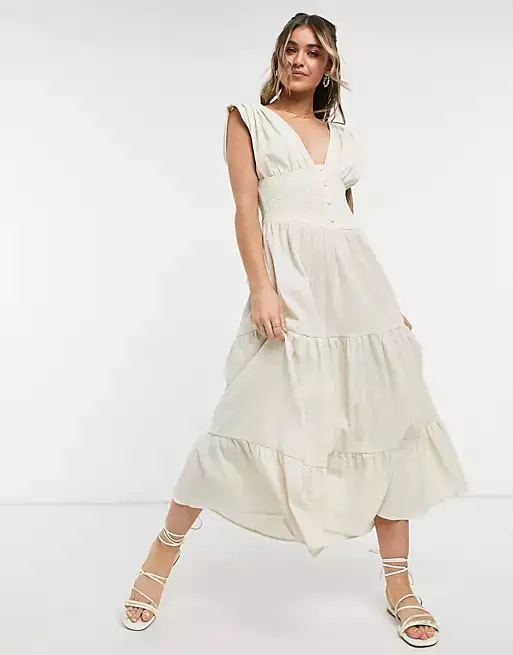 ASOS DESIGN shirred waist button front tiered midi sundress in crinkle in oatmeal