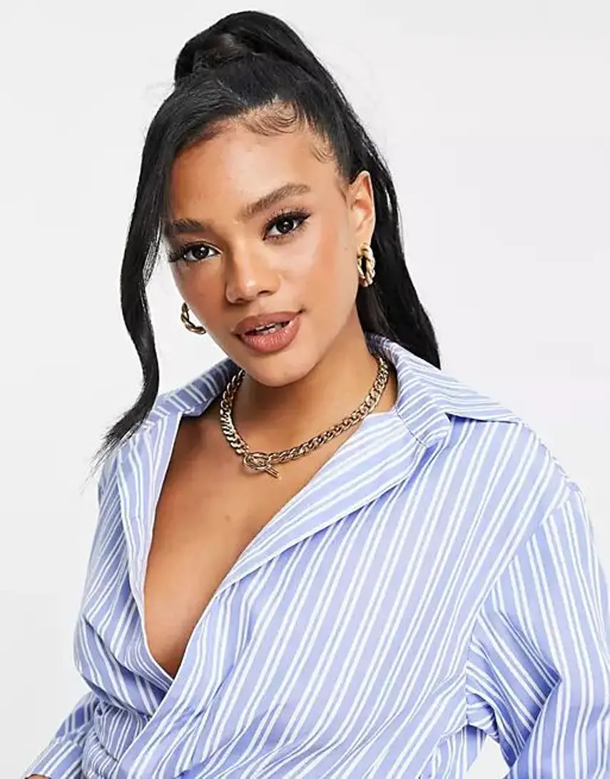 ASOS DESIGN twist waist open crop shirt in blue stripe