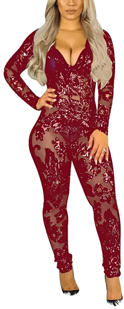 Ainyrose Women's Long Sleeve V Neck Sequin Glitter Bodycon Jumpsuit Romper