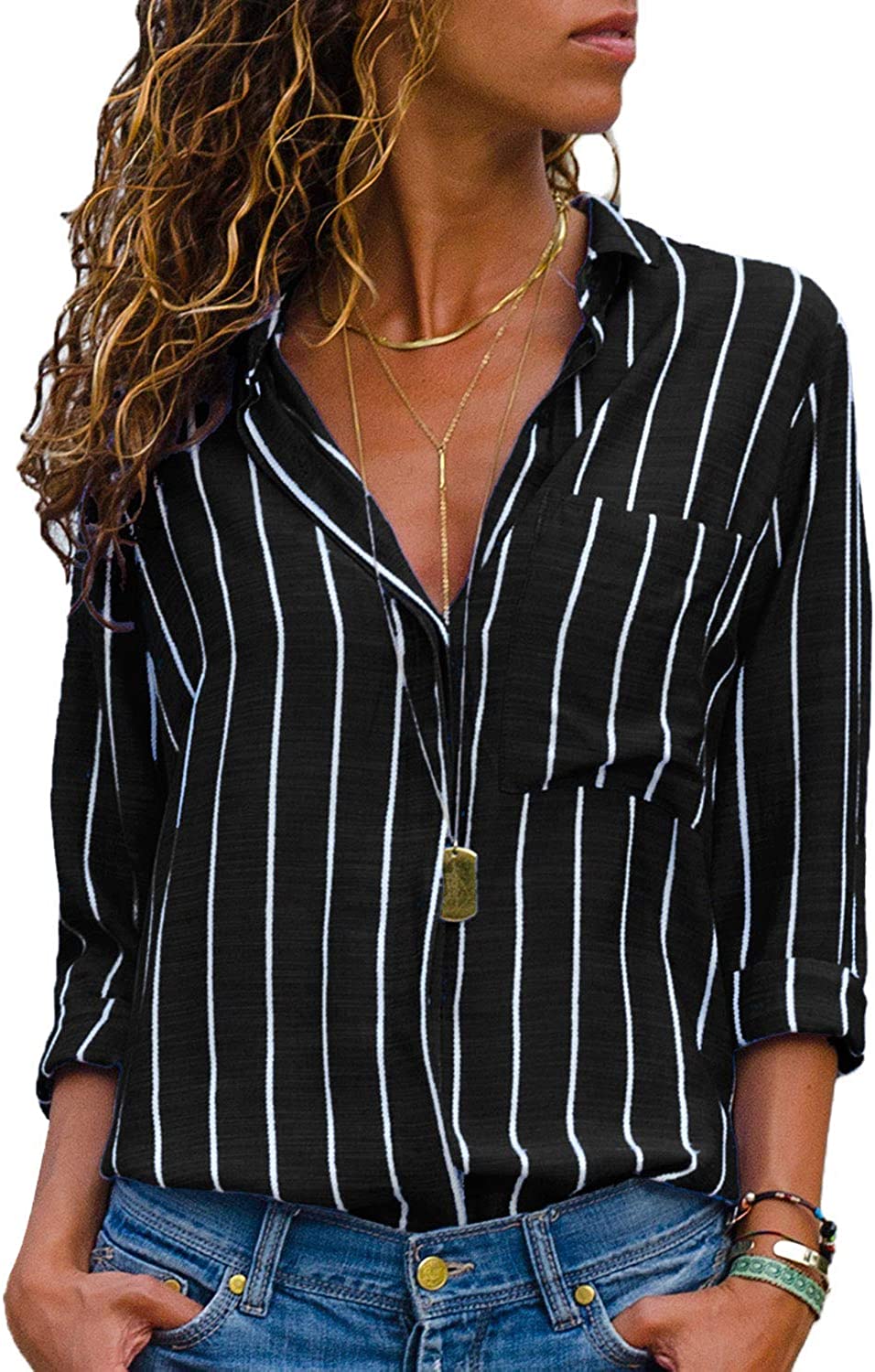 AitosuLa Women's Casual V Neck Stripe Chiffon Blouse Loose Button Down Long Sleeve Shirt Tunic Tops (Stripes Black White, S)