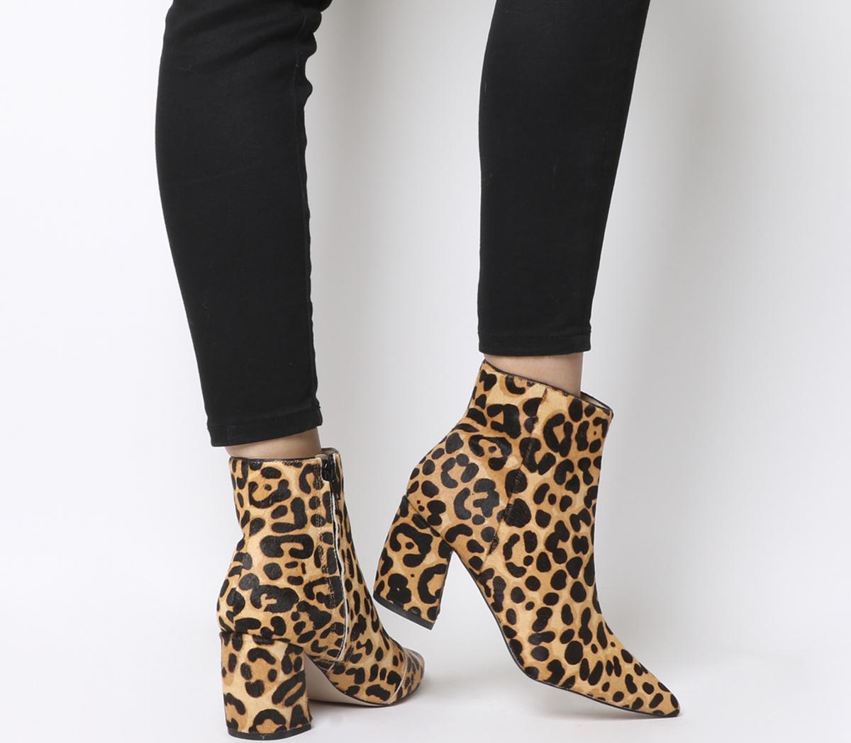 Aloud Point Block Heel Boots Leopard Cow Hair Effect