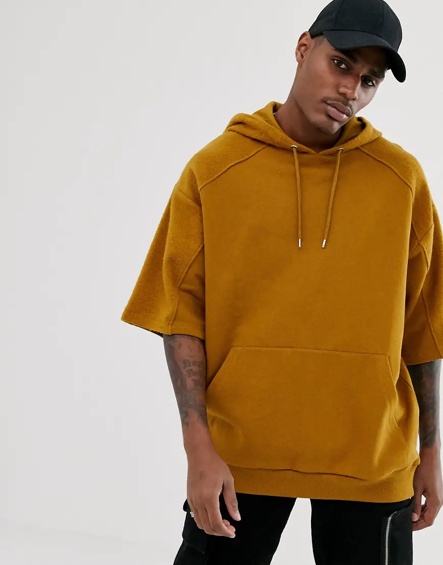 Asos Design Oversized Short Sleeve Hoodie With Reverse Brushback Panels In Tan-brown