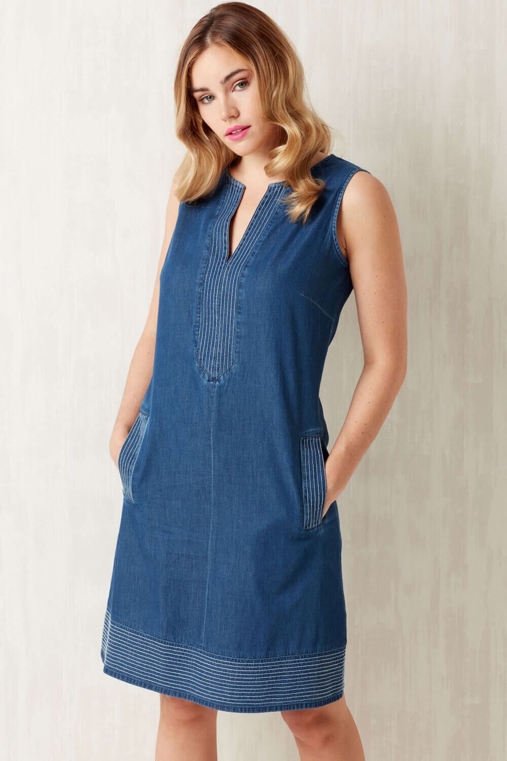 Blue V-Neck Denim Shift Dress