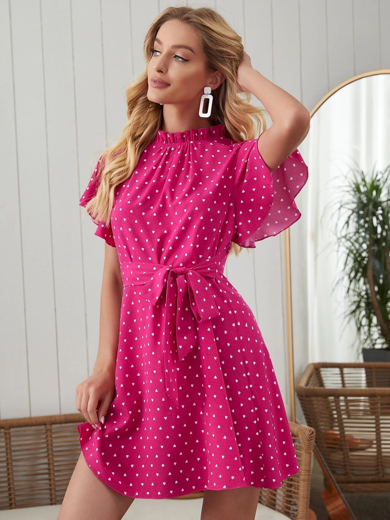 Butterfly Sleeve Self Belted Allover Heart Print Dress