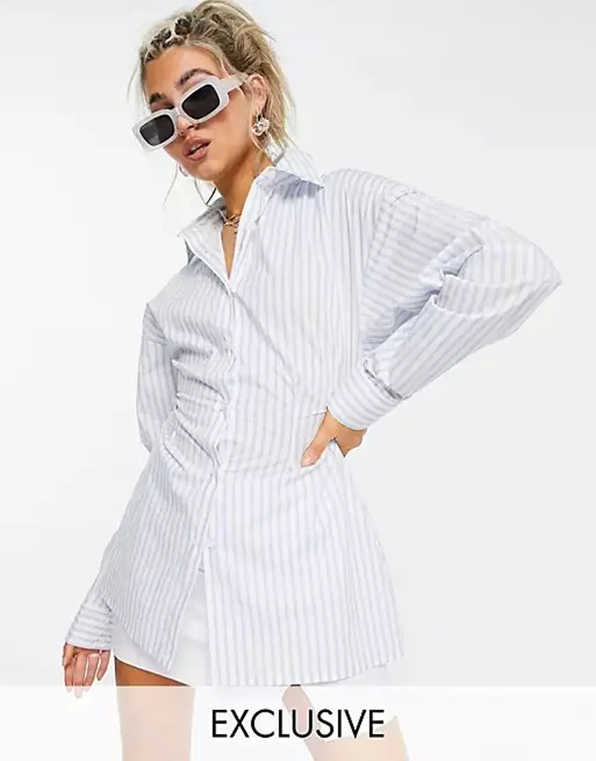 COLLUSION cinched waist stripe shirt in blue