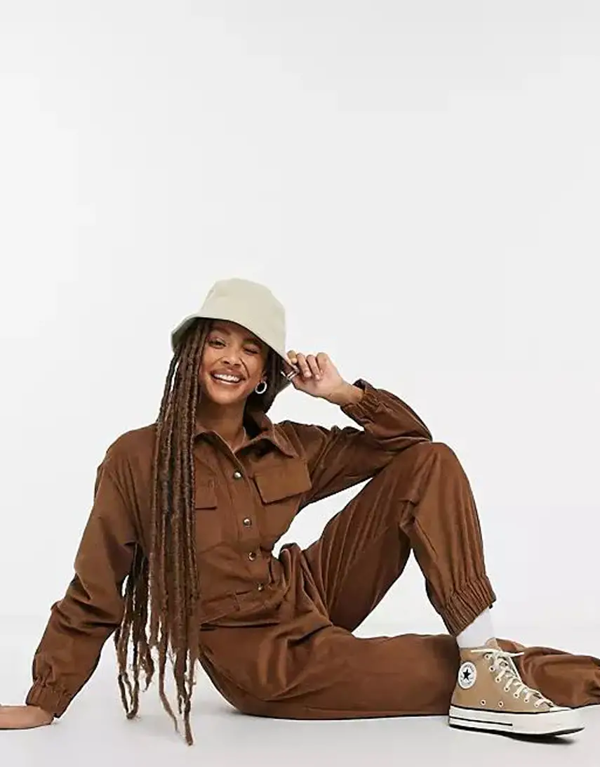 COLLUSION cord boilersuit in chocolate