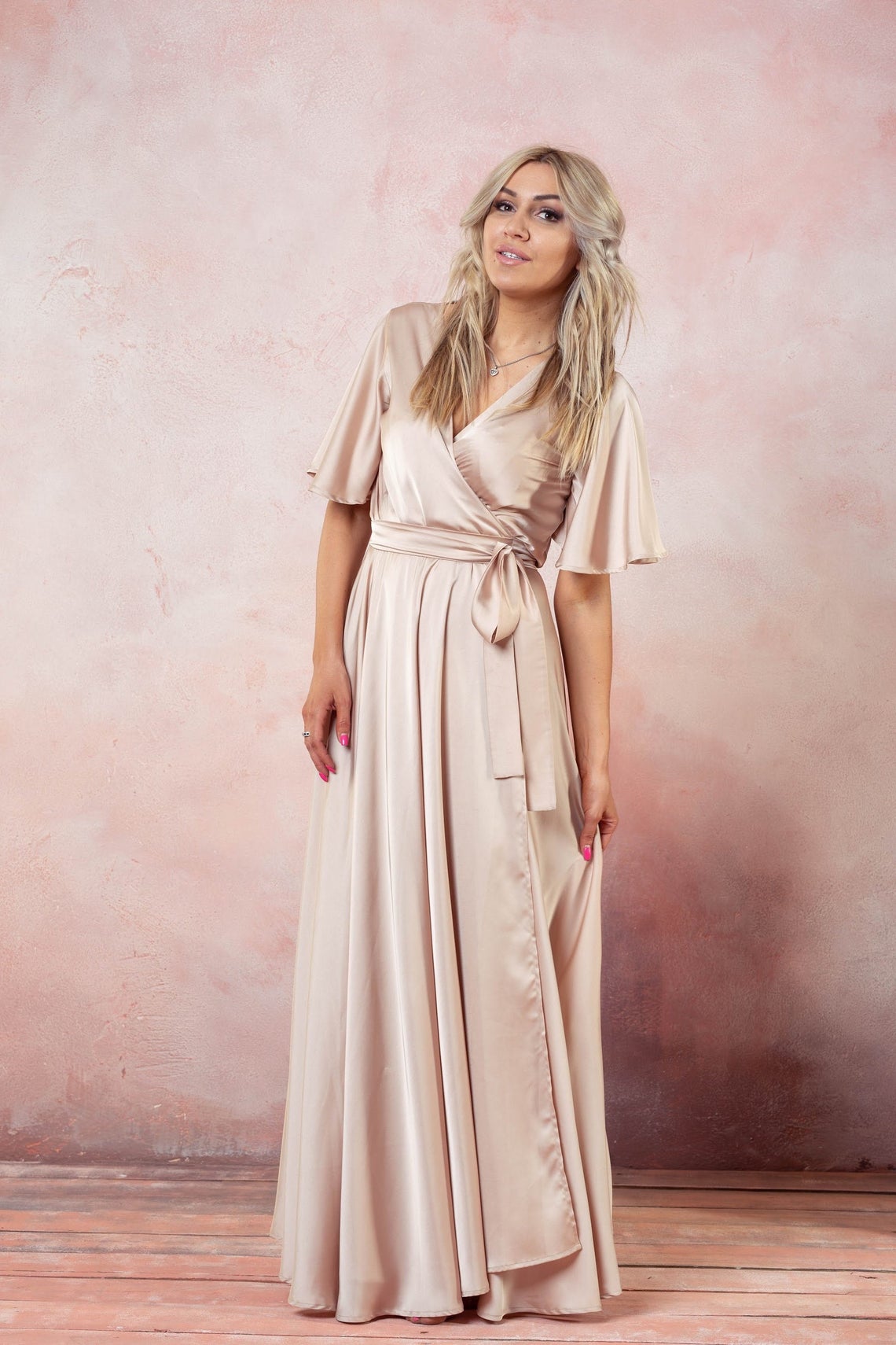 Champagne Wrap Dress, Flutter Sleeve Long Dress, Silk Maxi Dress, Wrap Bridesmaid Gown, Flutter Sleeve Bridesmaid Wrap Dress, Boho Gown