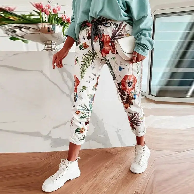 Women Elegant Lace-Up Elastic Waist Sport Trousers Spring Summer Vintage Floral Print