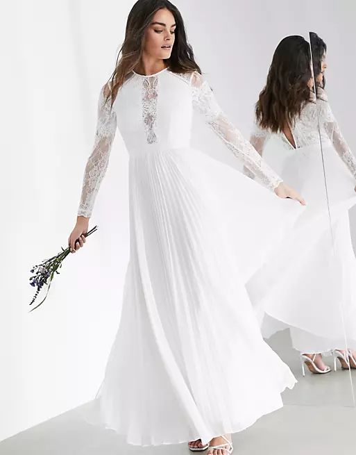 long sleeve lace bodice maxi wedding dress with pleated skirt