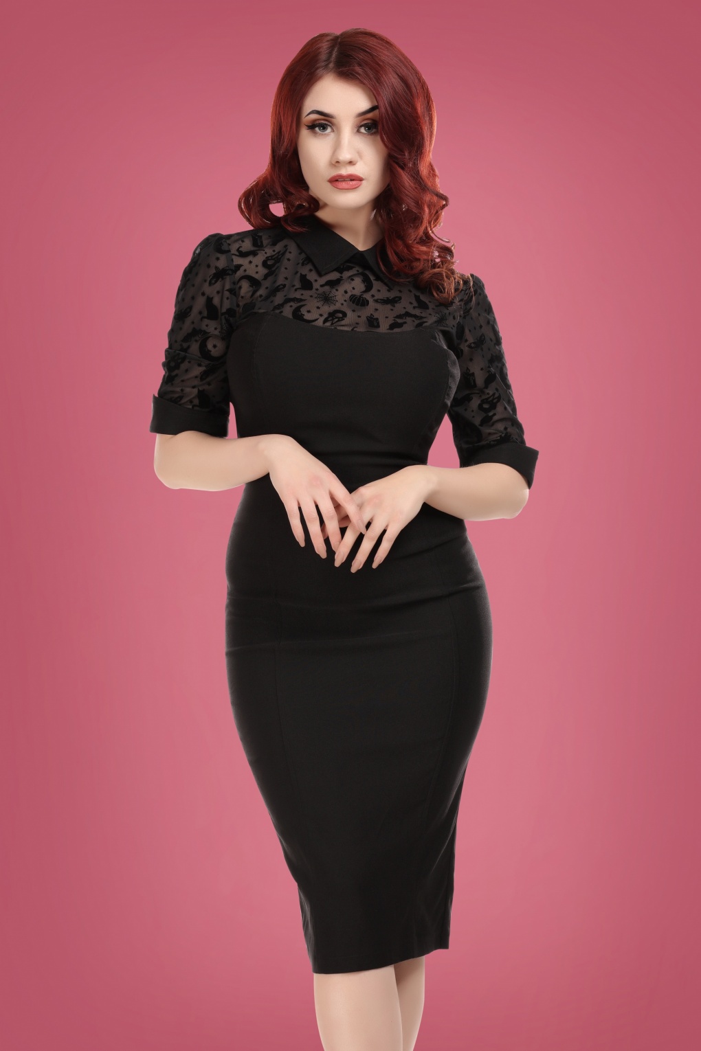 Collectif Clothing 50s Wednesday Magic Mesh Pencil Dress in Black