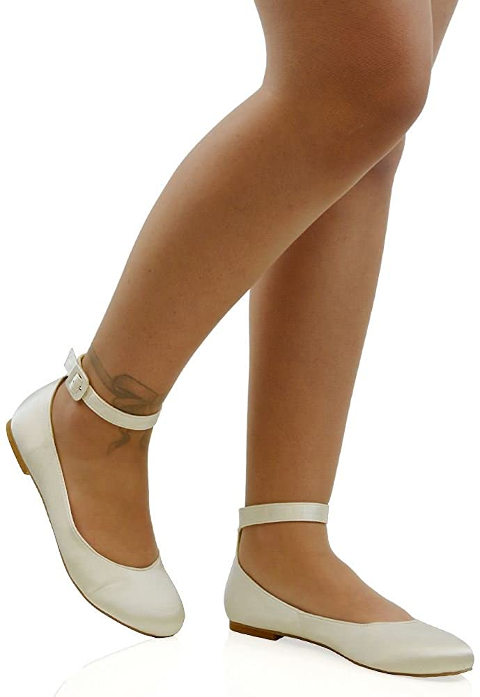 ESSEX GLAM Womens Flat Ankle Strap Ballet Pumps Ladies Ballerina Party Bridal Smart Shoes