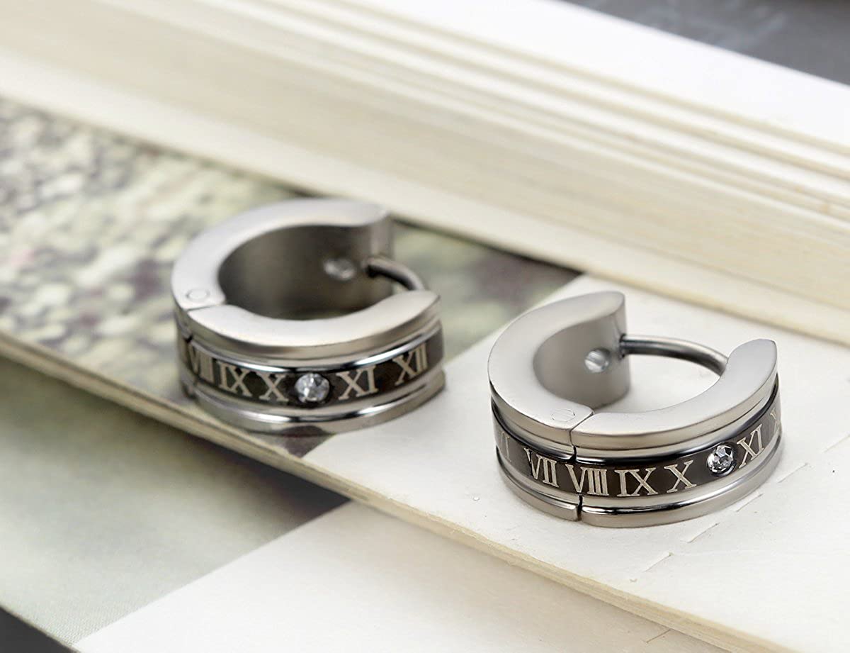 Flongo Men's Classic Biker Stainless Steel Engraved Roman Numerals Classic Polished Hoop Hinged Earrings