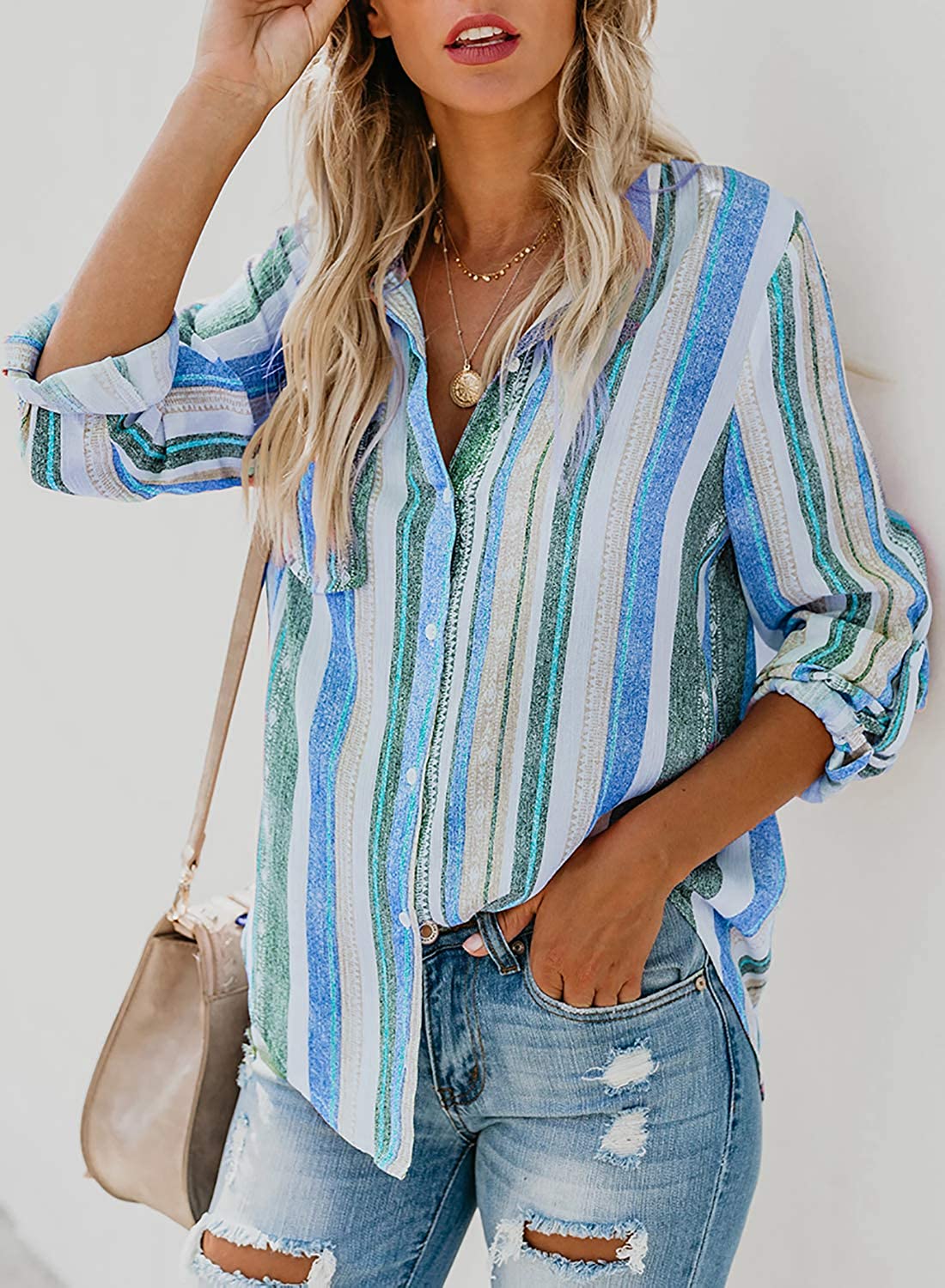 GOSOPIN Casual Stripe V Neck Blouse Womens Button Down Shirt Long Sleeve Tops Tunics