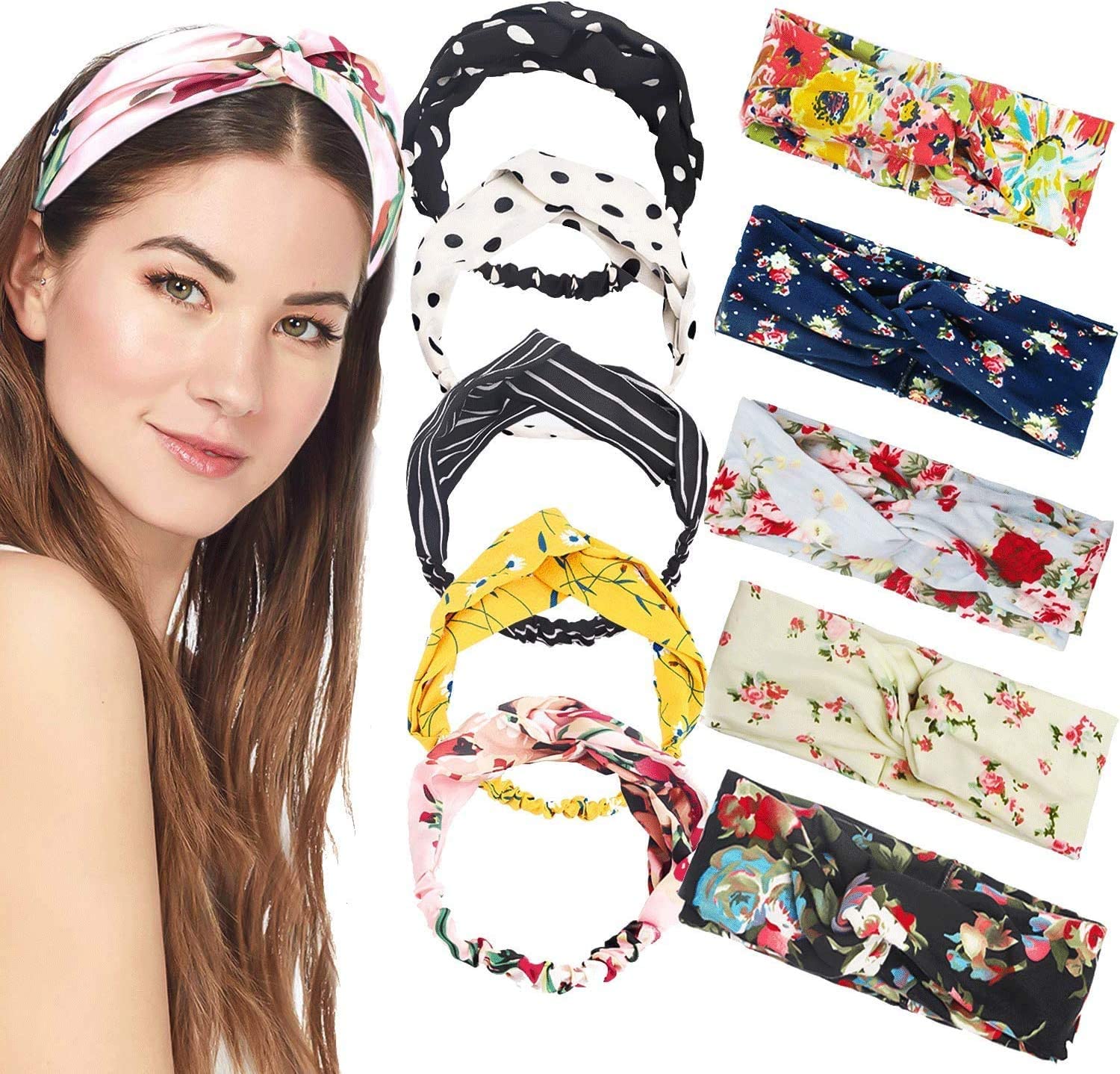 Headband Women Vintage Flower Headband Printed Head Scarf Elastic Hairband，Bandana Boho Hairbands Hair Accessories，10Pcs