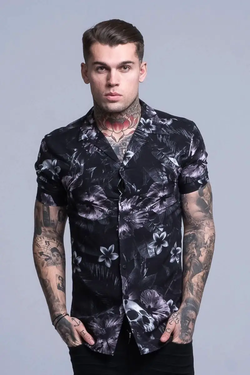 Judas Sinned Floral Skull Print Resort Men's Shirt - Black