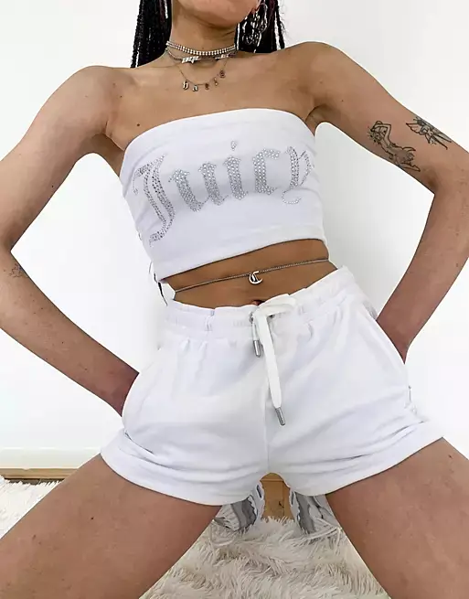 Juicy Couture co-ord velour bandeau top with diamante logo in white