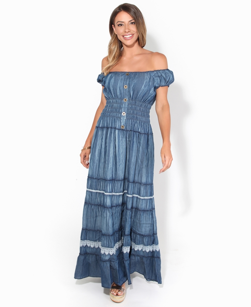 Lace Detailed Denim Maxi Dress
