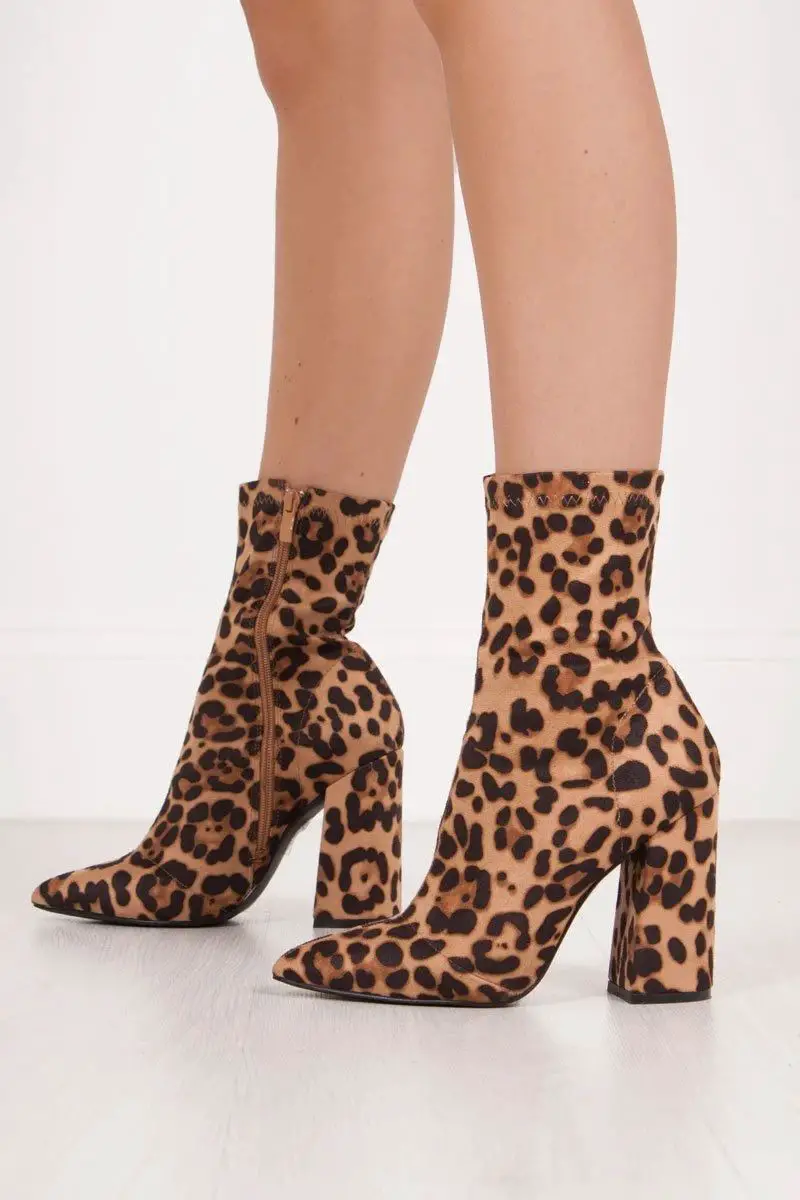 MIMI LEOPARD PRINT FITTED BLOCK HEEL SOCK BOOTS IN FAUX SUEDE