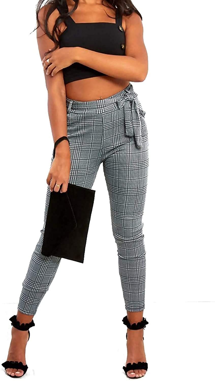 MIXLOT New Womens Ladies Sexy Gingham Check Belted Trousers Ladies High Waist Leggings Causal Fit Pants Trouser