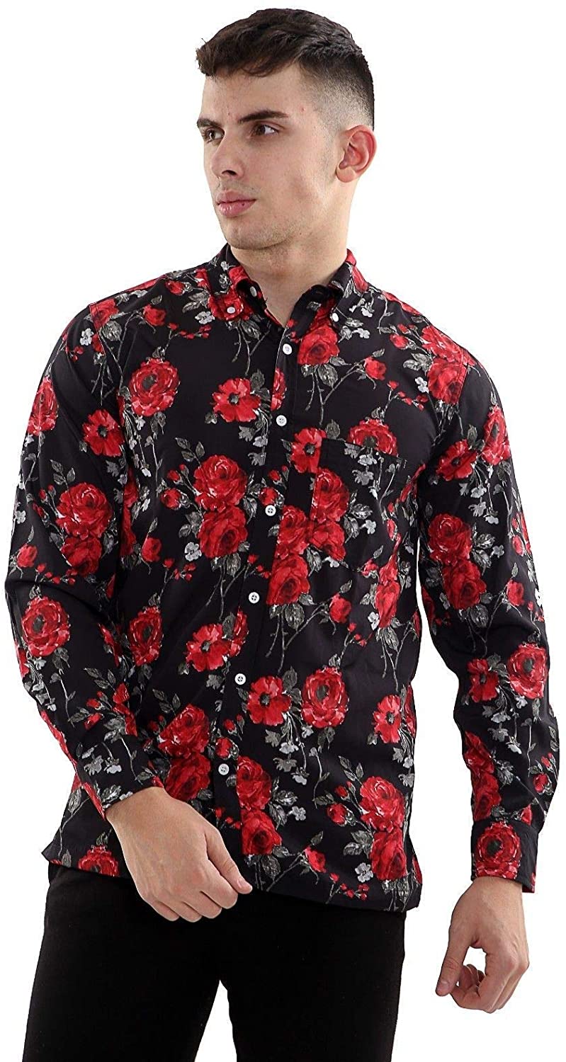 Mens Floral Long Sleeve Casual Shirt Red Rose Design Smart Button Down Collar Style