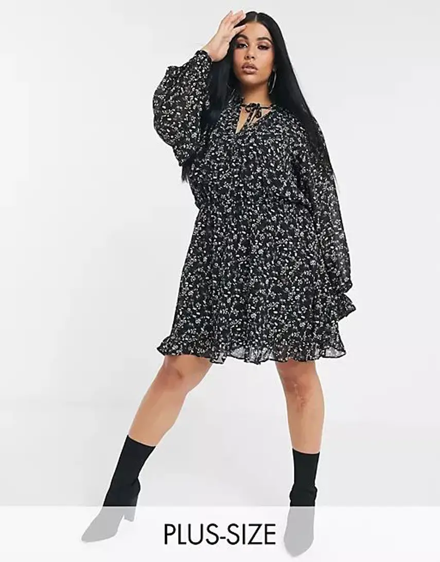 Missguided Plus tie neck smock dress in ditsy floral