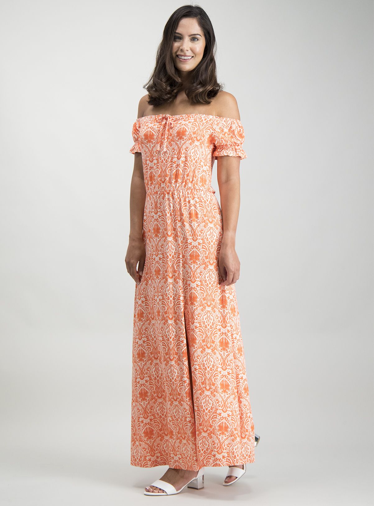 Orange Paisley Print Bardot Maxi Dress