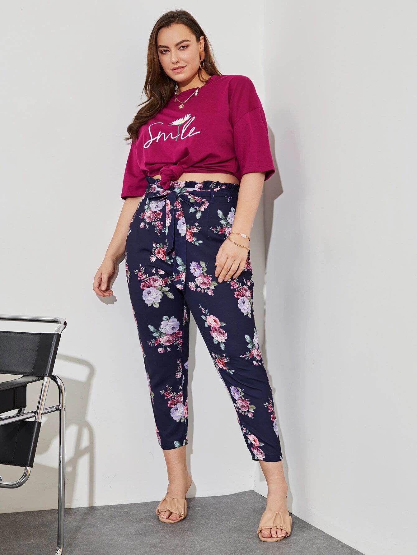 Plus Floral Paper Bag Waist Belted Trousers