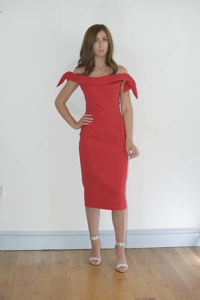 Pretty Dress Company Red Off Shoulder Pencil Dress
