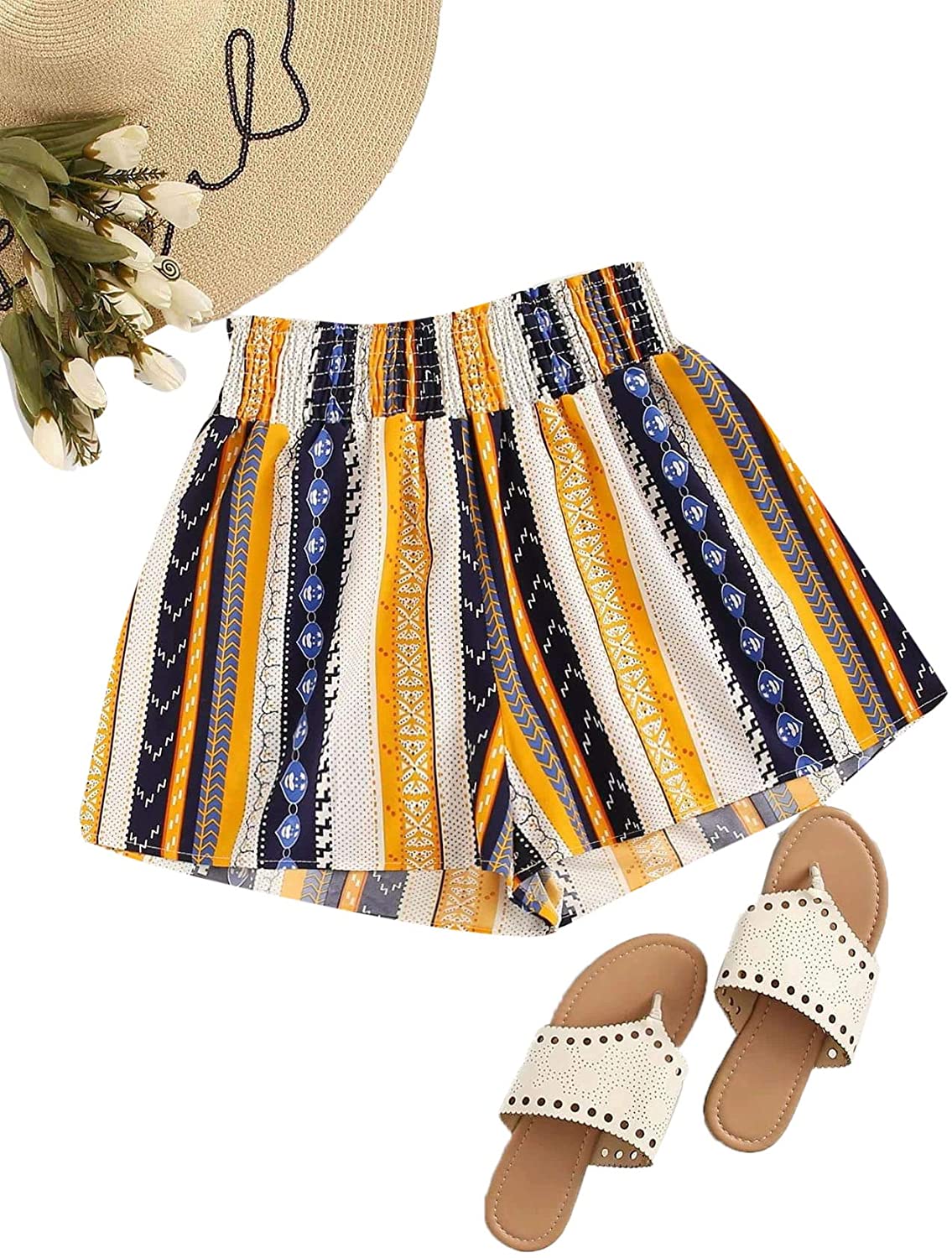 Romwe Women's Plus Summer Floral Elastic Waist Wide Leg Ruffle Hem Beach Shorts