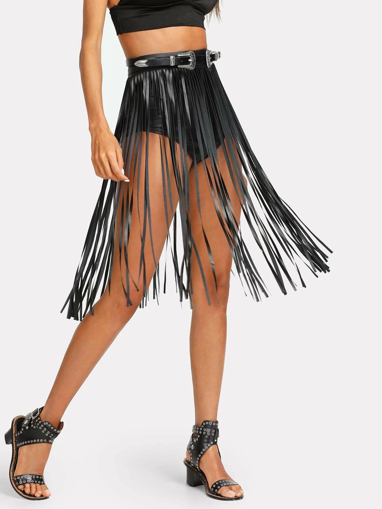 SHEIN Faux Leather Fringe Skirt
