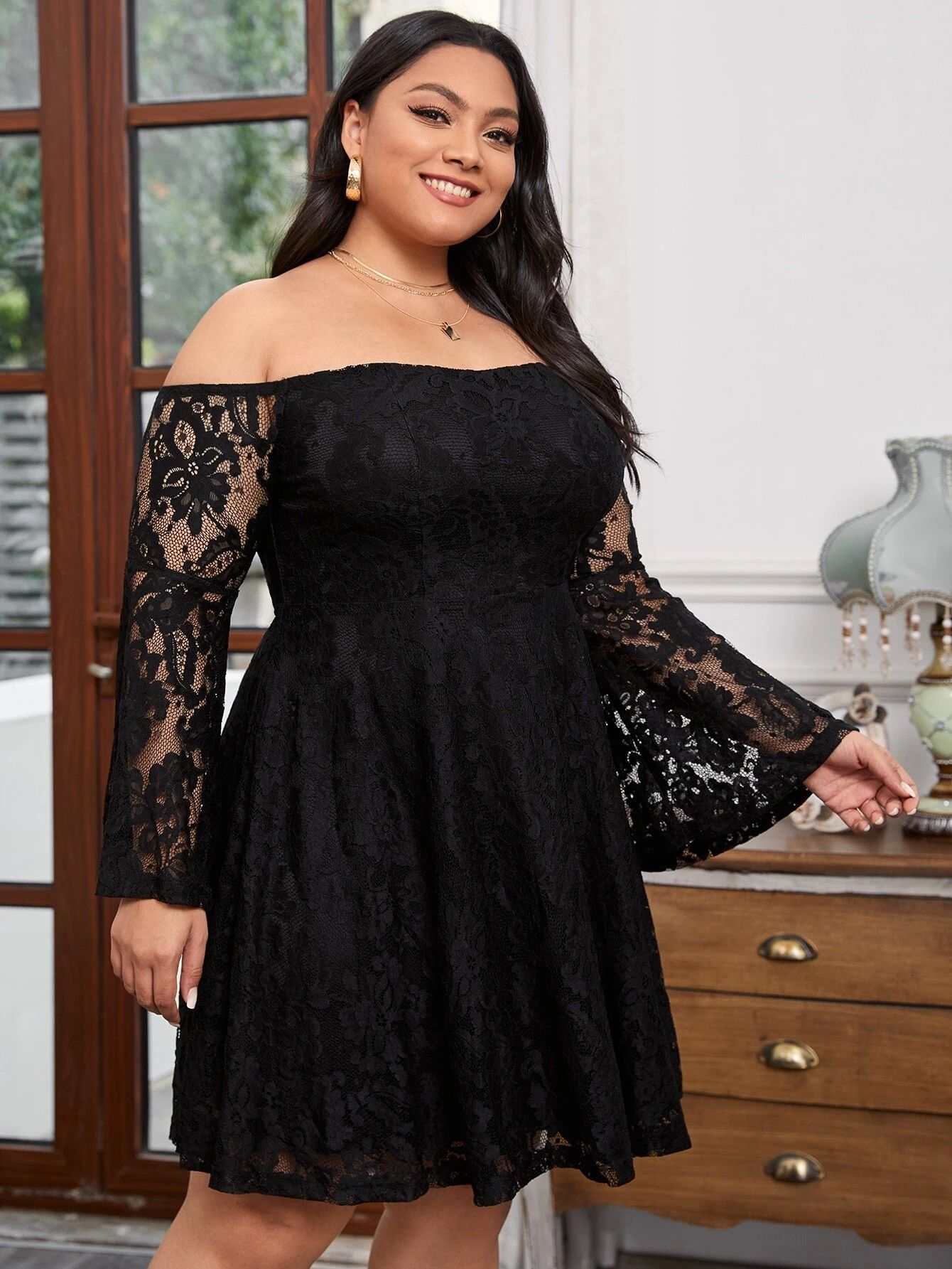 SHEIN Plus Off Shoulder Flounce Sleeve Lace Dress