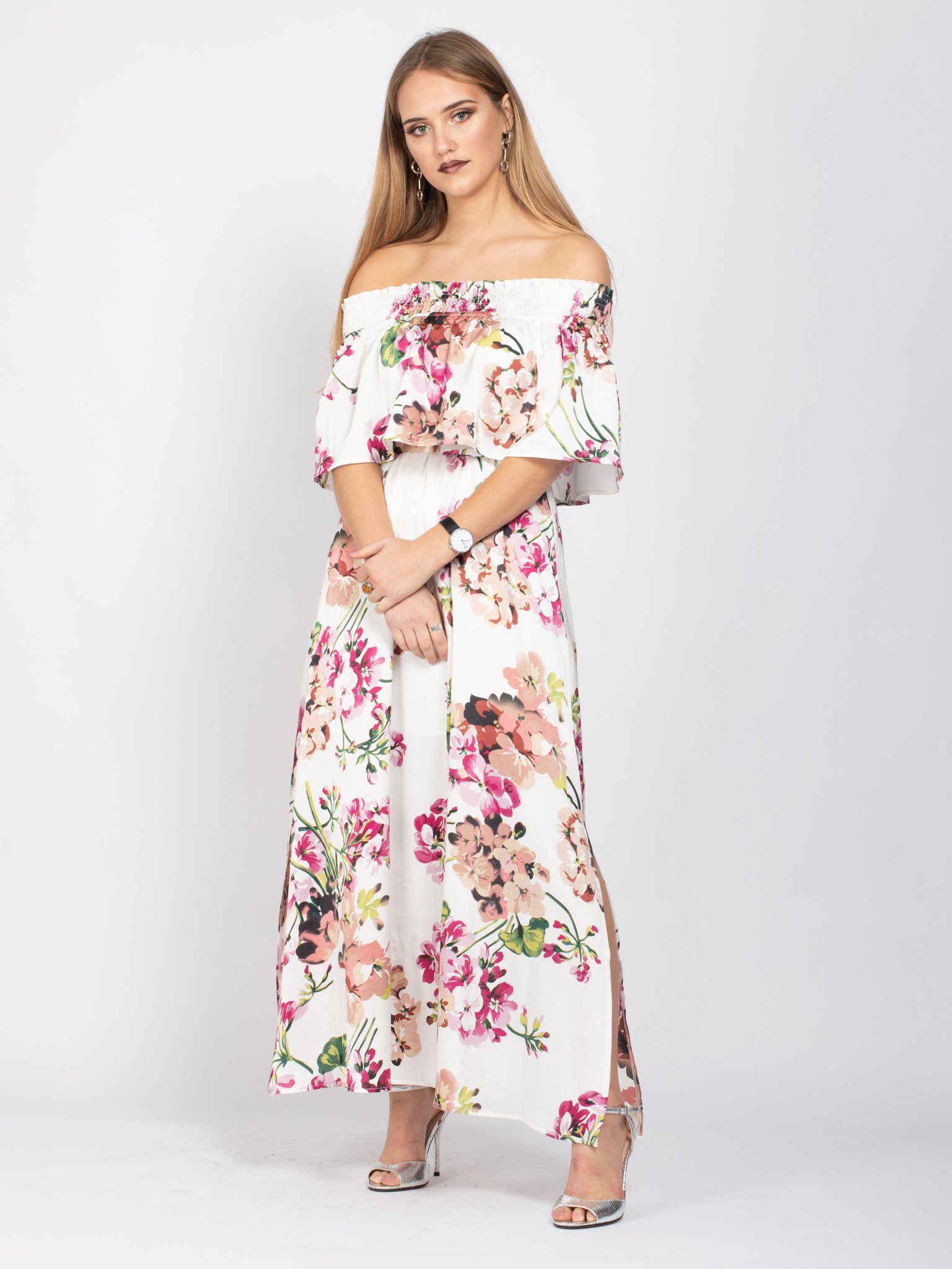Sample Sale - Bardot Neck Tie Waist Maxi Dress, White Floral
