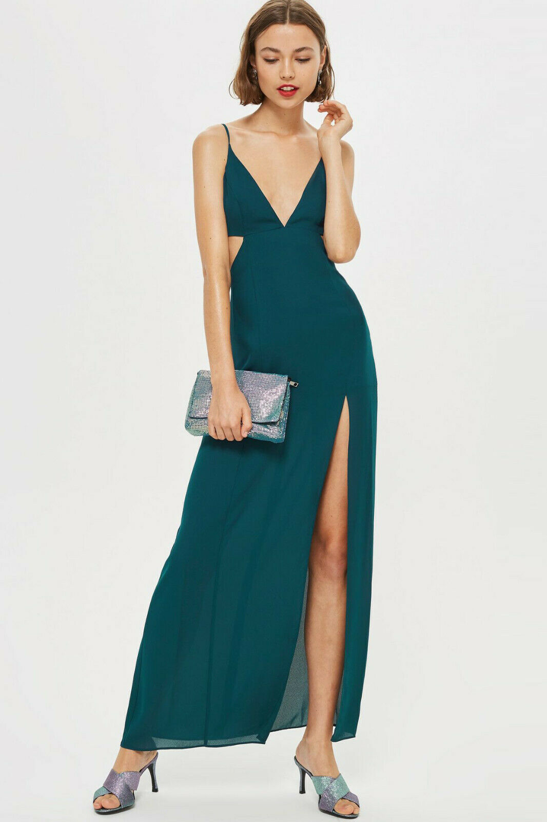 Topshop NEW Cut Out Side Maxi Dress in Teal Green