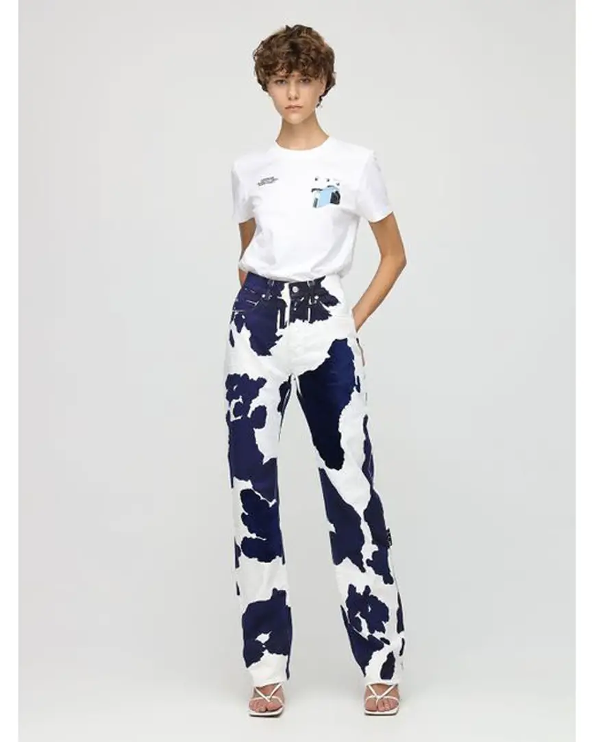 Women's Blue Cow Print Baggy Cotton Denim Jeans