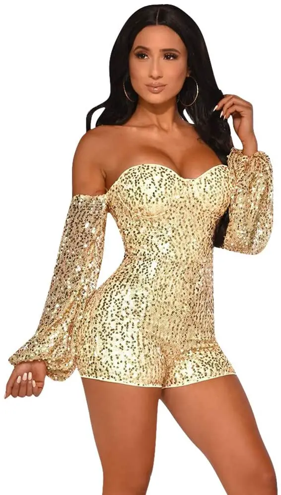 Women's Sequin Jumpsuit Low Cut Shoulder off Long Sleeve Bodycon Romper for Clubwear Party Christmas
