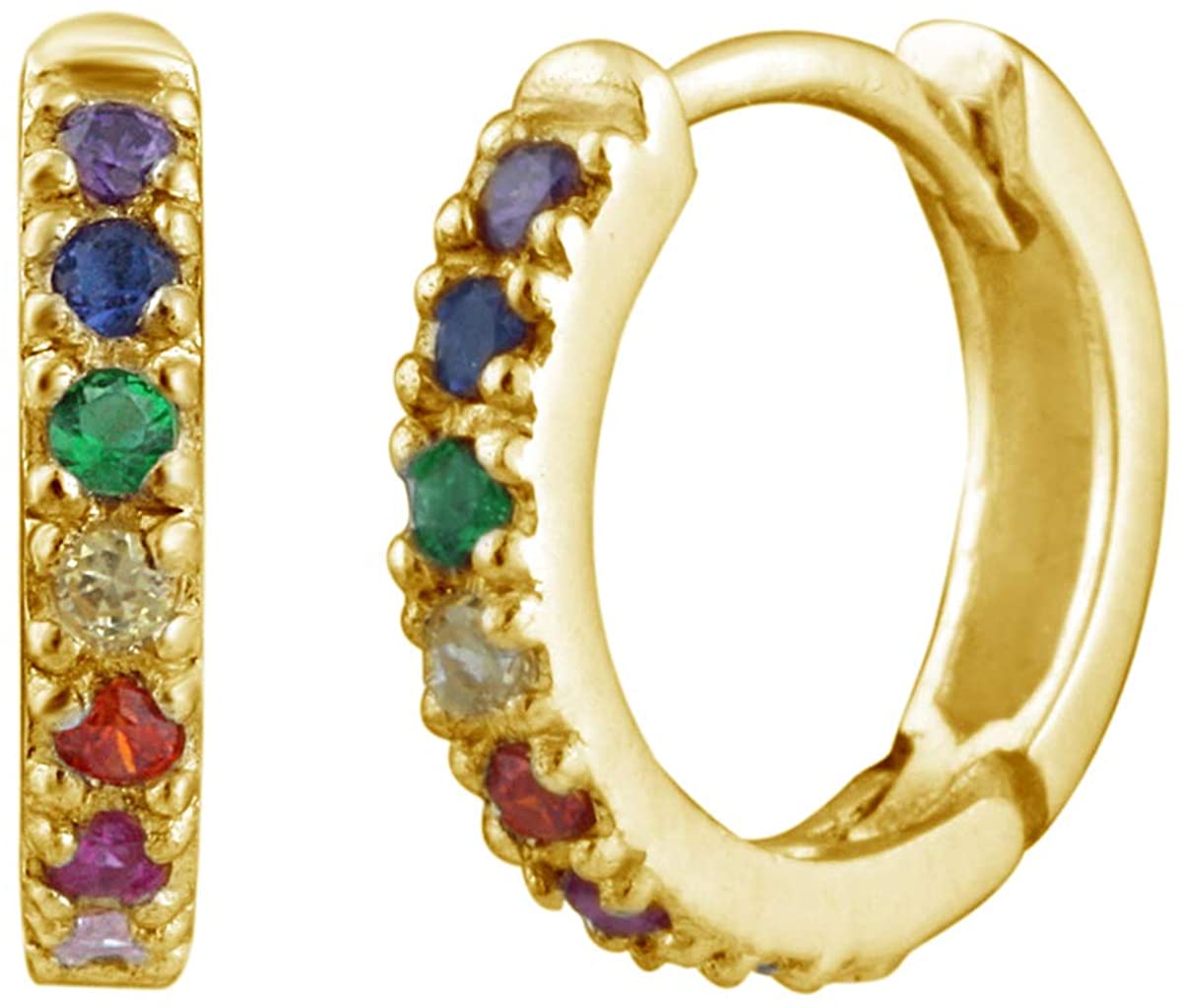 Yellow Gold Dipped Sterling Silver & Rainbow Crystal Huggie Hoop Earrings