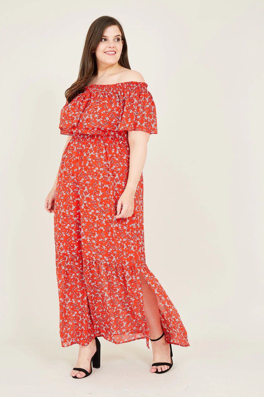 Yumi Plus Size Ditsy Floral Bardot Red Maxi Dress