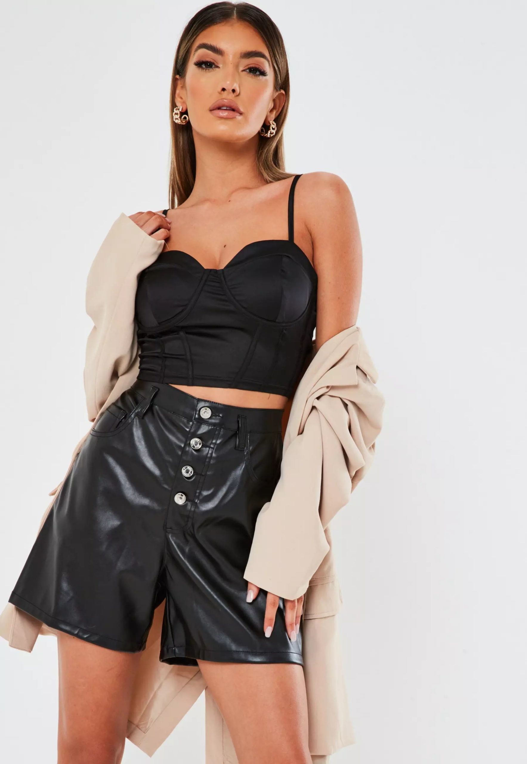 black faux leather button mom shorts