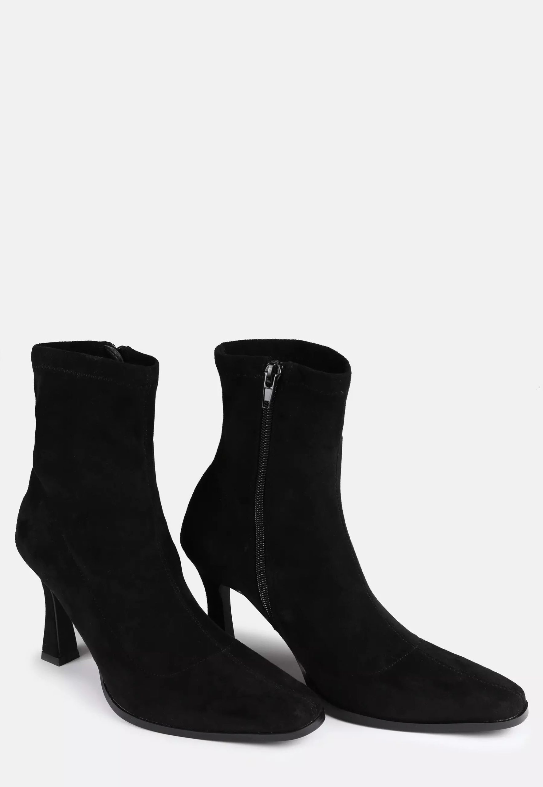 black faux suede feature heel sock boots