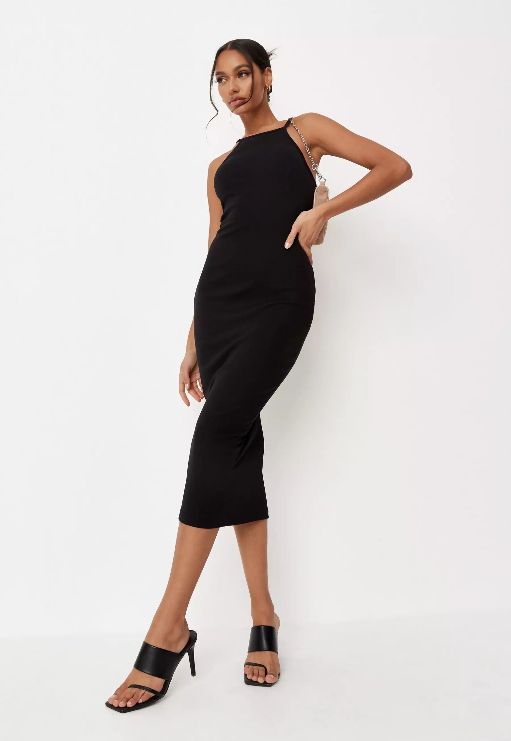 black ribbed 90s neck bodycon midi dress