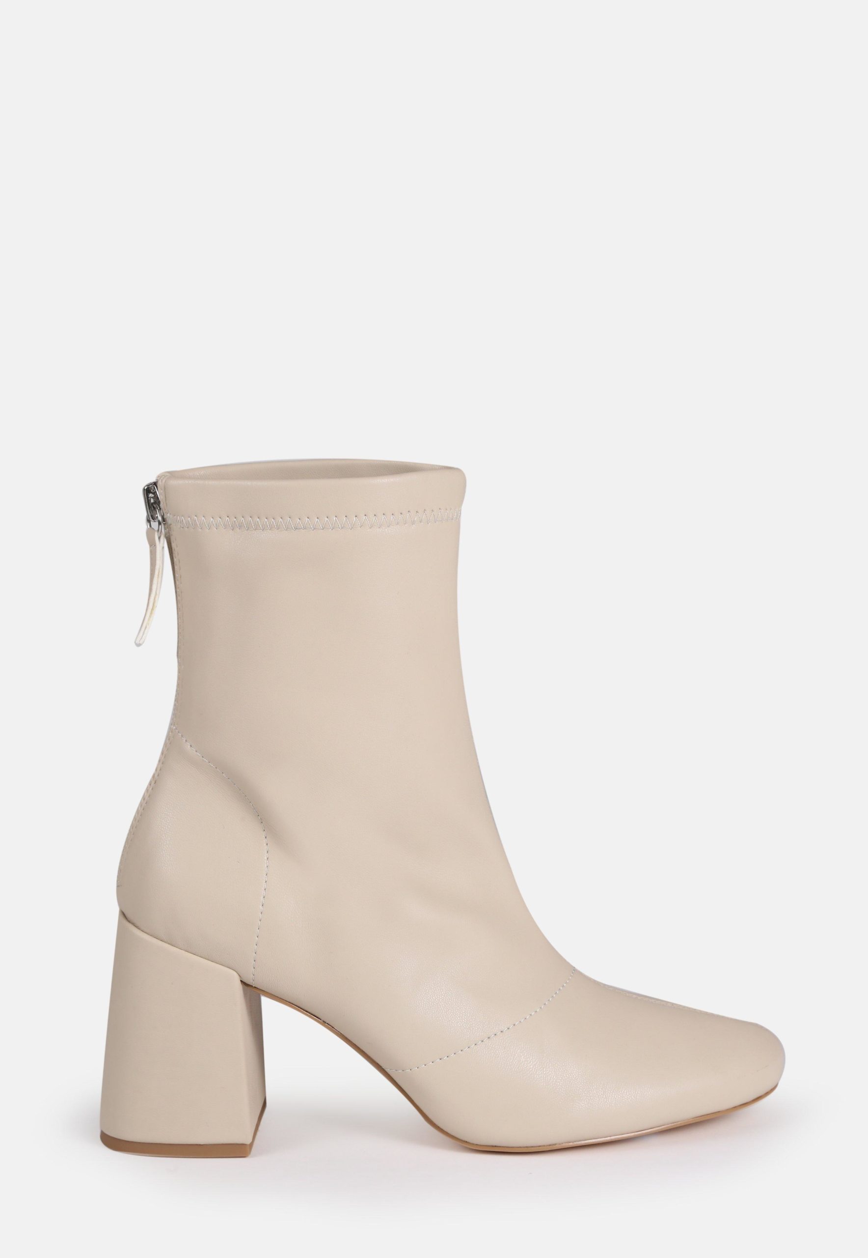 cream faux leather block heel sock boots